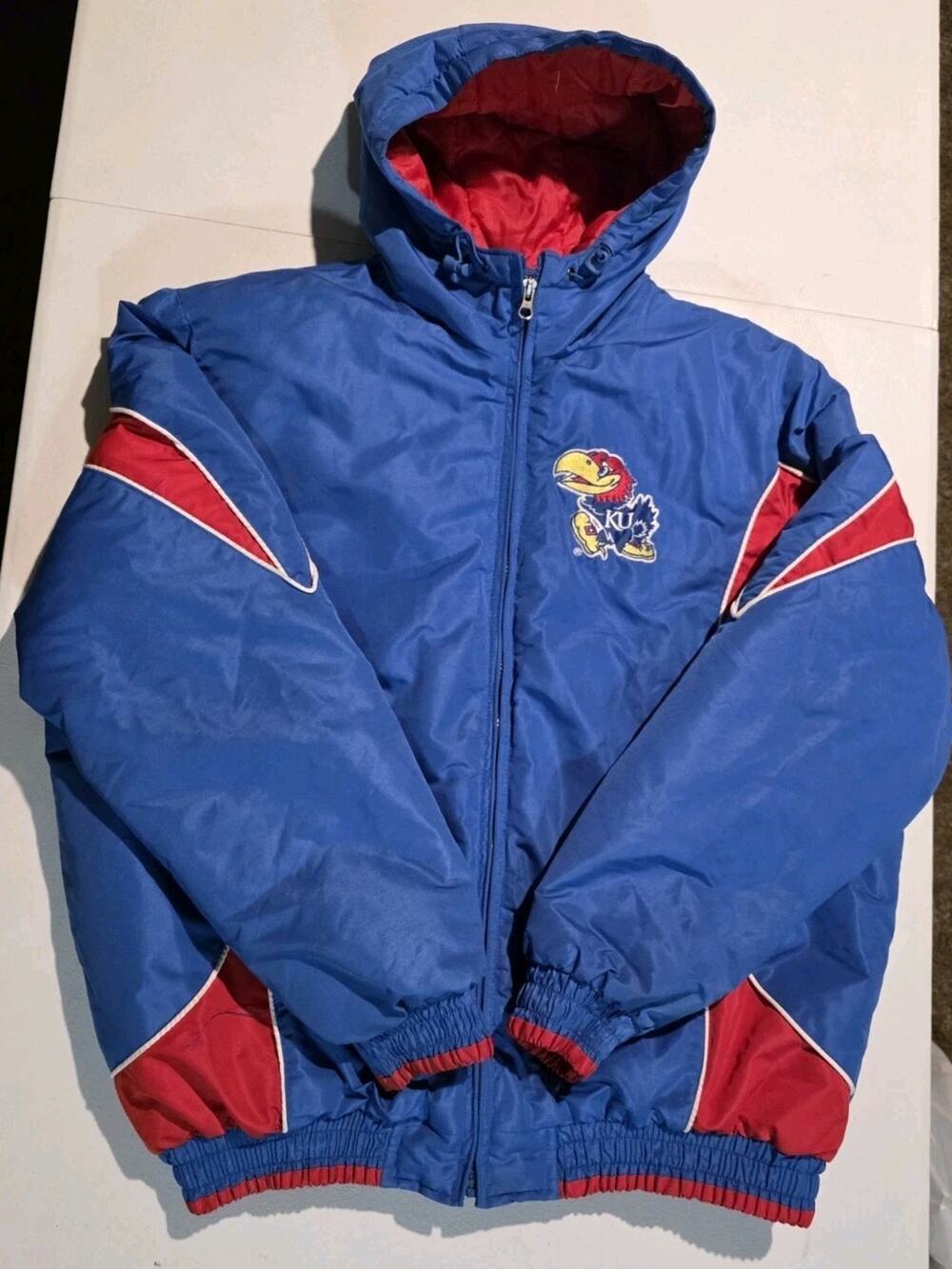 Kansas Jayhawks KU Jacket Mens Large Blue Red Hooded Puffer Insulated NCAA